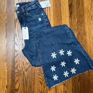 Forever 21 High-Rise Slim Fit Flare Leg Jeans with Daisy Embroidery